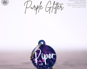 Purple Glitter - Pet ID Tag - Custom Personalized Dog Tags For Pets - Pet ID Tag Gift - Cat Dog ID Pet Name Tags - 8 Lines Sublimation Tag