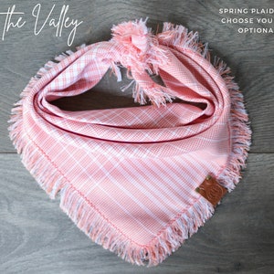 Lily of the Valley - Dog Bandana Pink & White Plaid Flannel Spring Summer Frayed Tie On Lightweight Handcrafted - Puppy Scarf - Pet Gift