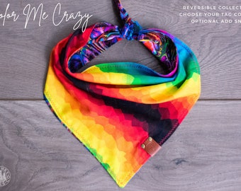 Color Me Crazy - Dog Bandana Rainbow Geometric Watercolor Marble - Multicolor - Reversible Tie On Summer Scarf  - Puppy Scarf - Pet Gift