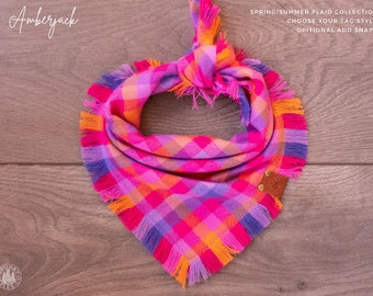 Amberjack - Dog Bandana Pink Purple Orange Summer Plaid Flannel Fall Frayed Tie On Handcrafted - Puppy Scarf - Pet Gift