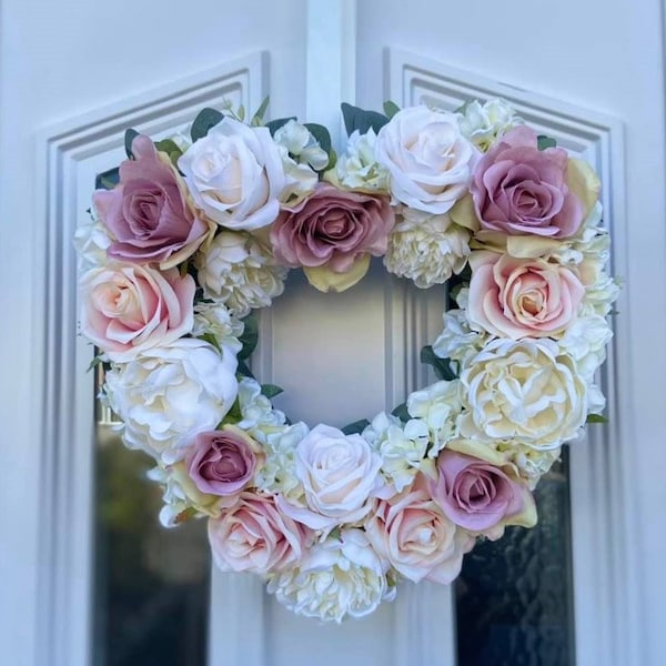 Front Door Wreath,  Faux Flower Floral Heart, Year Round Wreath, Home Decor, Door Hanger, Handmade Gift