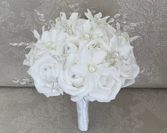 Artificial wedding bouquet flowers, ivory white roses, crystal stems, pearls