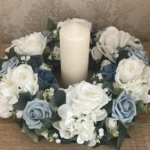 Candle Ring Wedding Table Arrangement, Wedding Decor Faux Flowers, Dusty Blue, Ivory, Navy