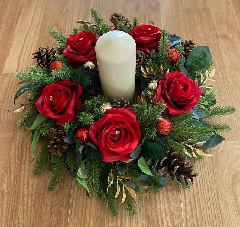 Christmas Table Centrepiece, Christmas Flower Arrangement, Candle Ring Wreath, Red Gold image 1