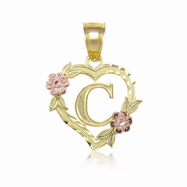 10k Yellow Gold Heart Initial Letter Pendant A Z Alphabet Flower Necklace Charm Woman Girls Baby Girl