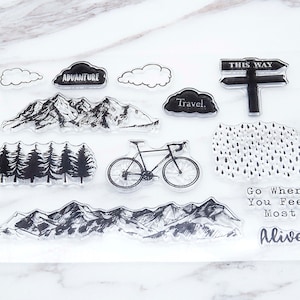 mountain forest  clear  Stamp/ mountain   Transparent Stamp/  Bicycle  Rubber Stamp/adventure clear stamp /travel clear stamp