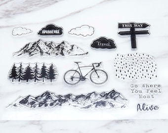 mountain forest  clear  Stamp/ mountain   Transparent Stamp/  Bicycle  Rubber Stamp/adventure clear stamp /travel clear stamp