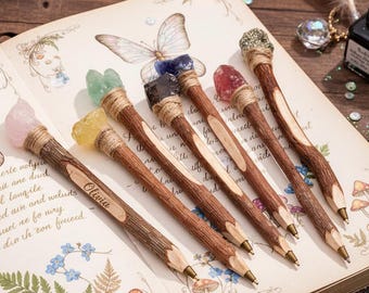 Custom Rustic Wooden crystal Twig Pens, ballpoint pen, rustic wedding quartz pens,wooden pen, wedding guestbook pen,