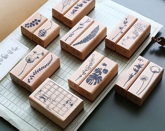 Botanical Rubber Stamp / Wooden wild flower Rubber Stamp/wild rose sunflower peach blossom stamp set /floral stamps /herb stamp kit