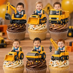 Custom construction cupcake topper with Face Photo/ boy birthday Party/kid face cutout garland/ Excavator Bulldozer Dump Truck party decor