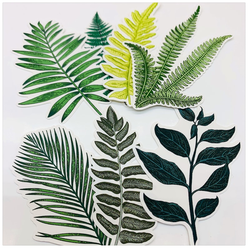 Puede incluir: Un conjunto de nueve pegatinas bot&aacute;nicas verdes y amarillas con varios tipos de hojas y helechos. Las pegatinas son perfectas para a&ntilde;adir un toque de naturaleza a diarios, planificadores y otros proyectos de manualidades.