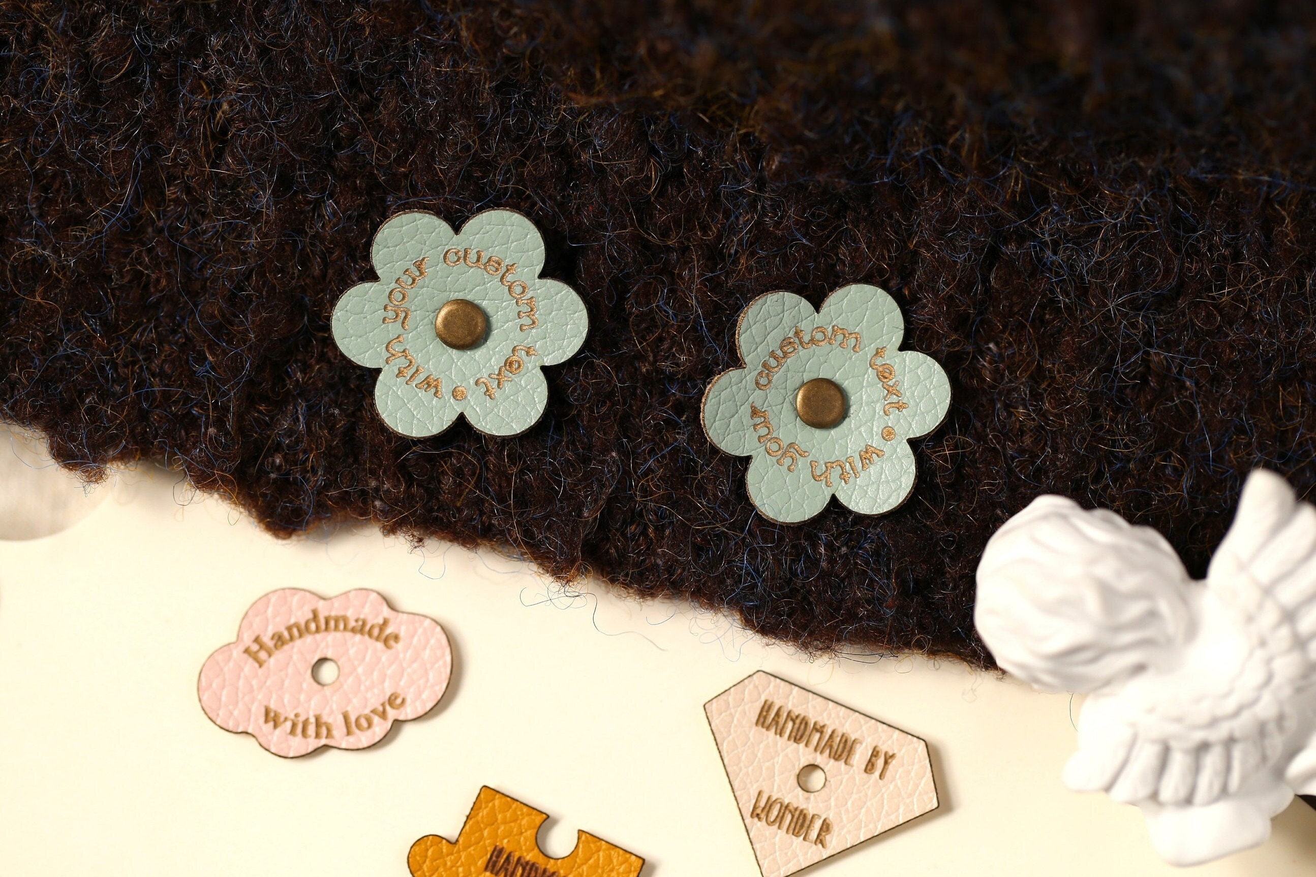 10PCS Mini Flower tags, Circle Knitting Tags,  Custom Labels with your text, Perfect Tags for handmade Items,Screwing Tags, Leather Patch