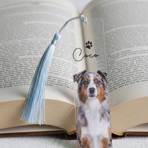 Pode incluir: Marcador de livros transparente em acrílico com um retrato de cão em tons de castanho, branco e cinzento. O marcador de livros tem o nome "Coco" e uma pegada. Uma borla azul clara está presa. O marcador de livros está num livro aberto.