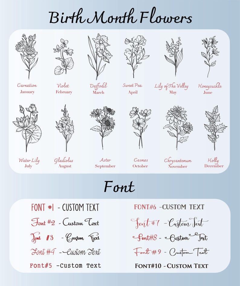 May include: A graphic featuring line drawings of birth month flowers, including carnation, violet, daffodil, and others. Below the flowers are the months. The image also shows font styles with the text "Custom Text".