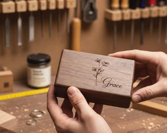 Customised  Birth Flower Black Walnut Jewelry Box,Custom Wooden Jewelry Box,Engraved Black Walnut Jewelry box,Perfect Mother's Birthday Gift