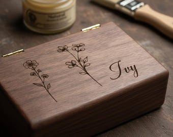 Custom Birth Flower Black Walnut Jewelry Box,Custom Wooden Jewelry Box,Engraved Black Walnut Jewelry box, Gift for girlfriend,