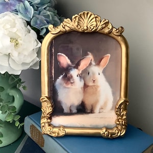 Pair of Bunnies in Gold Frame: Neutral Color Background