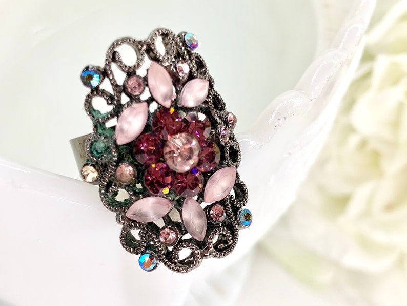 Rhinestone Bead Ring Statement Ring Vintage Ring Unique Vintage Ring Sized 8.75