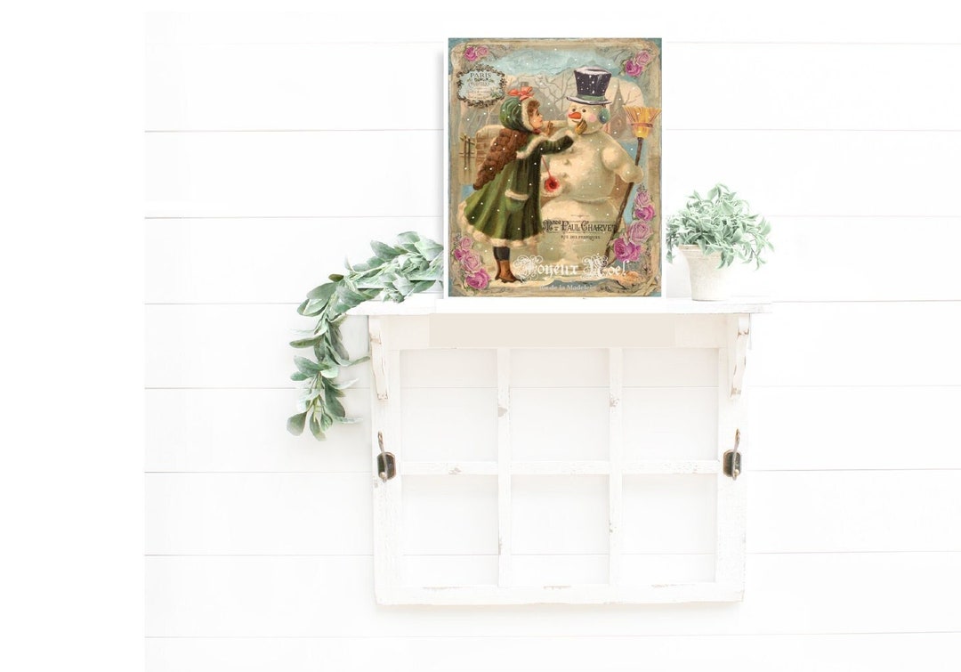 Vintage French Christmas Decor, Snowman Art Print No Frame Etsy
