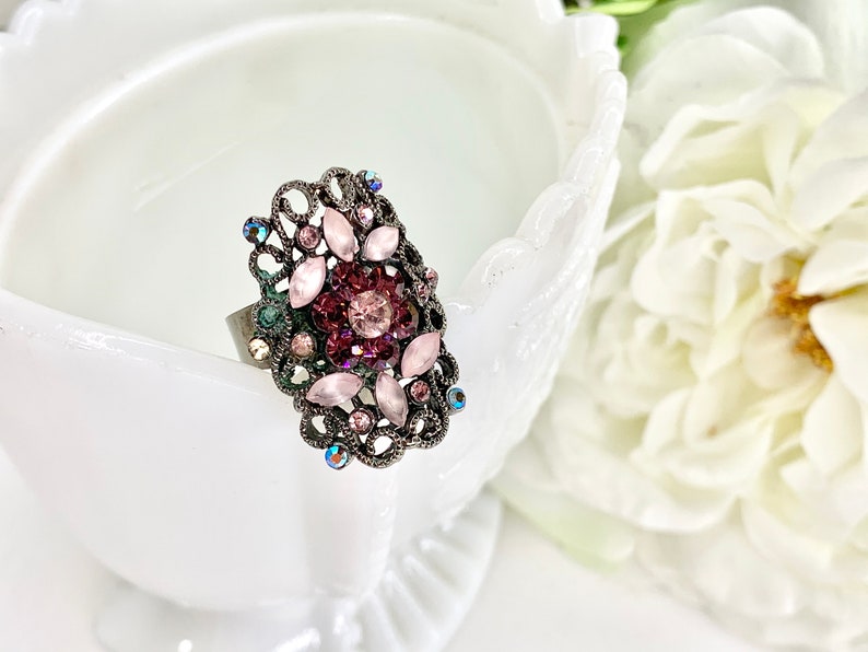 Rhinestone Bead Ring Statement Ring Vintage Ring Unique Vintage Ring Sized 8.75