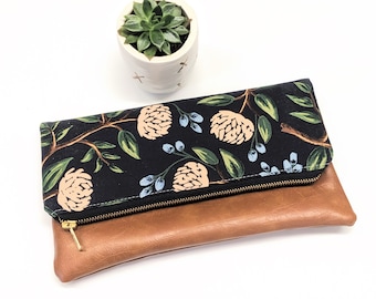 Rifle Paper Navy and Blush Peony Clutch: Fold Over Clutch, Vegan Leather Bag, Vegan Clutch, Bridesmaid Gift, Floral Bag