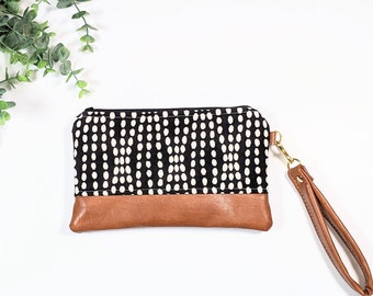 Black and White Dot Wristlet: Small Bag, Wristlet Clutch, Bridesmaid Gift, Phone Wristlet