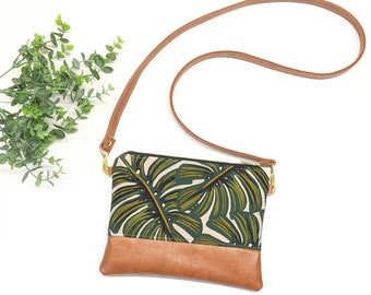 Small Crossbody Bag/ Rifle Paper Monstera/ Vegan Leather/ Boho Crossbody/