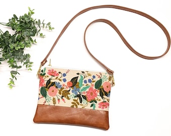Small Crossbody Bag/ Rifle Paper English Garden Cream Floral Vine/ Vegan Leather/ Boho Crossbody/