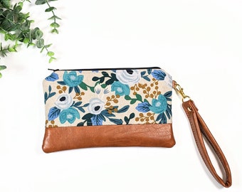 Rifle Paper Co Blue Les Fleurs Wristlet: Small Bag, Wristlet Clutch, Bridesmaid Gift, Phone Wristlet, Floral Bag