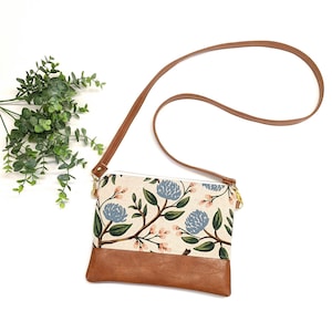 Small Crossbody Bag/ Rifle Paper Blue Peony/ Vegan Leather/ Boho Crossbody/