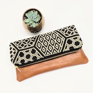 Black and White Geometric Moroccan Clutch: Fold Over Clutch, Vegan Leather Bag, Vegan Clutch, Bridesmaid Gift, Neutral Clutch