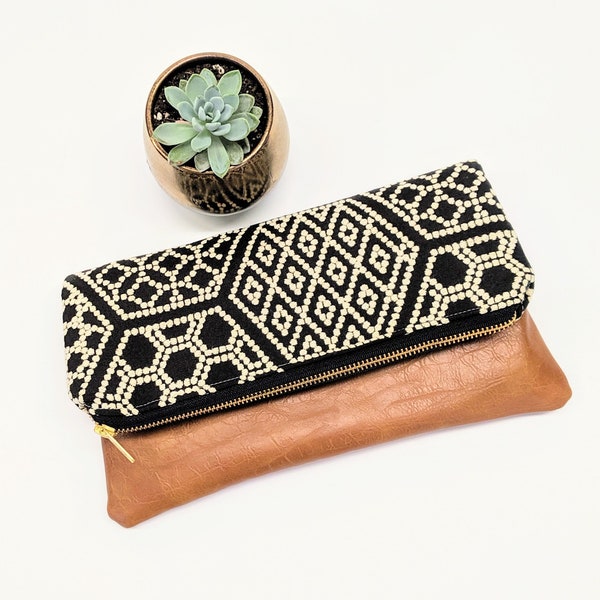 Black and White Geometric Moroccan Clutch: Fold Over Clutch, Vegan Leather Bag, Vegan Clutch, Bridesmaid Gift, Neutral Clutch