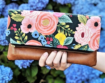 Rifle Paper Co Floral Clutch: Fold Over Clutch, Vegan Leather Bag, Vegan Clutch, Bridesmaid Gift, Floral Bag