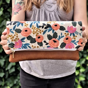 Rifle Paper Co Les Fleurs Clutch: Fold Over Clutch, Vegan Leather Bag, Vegan Clutch, Bridesmaid Gift, Floral Bag