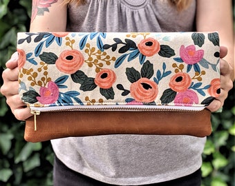 Rifle Paper Co Les Fleurs Clutch: Fold Over Clutch, Vegan Leather Bag, Vegan Clutch, Bridesmaid Gift, Floral Bag