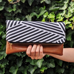 Black and White Asymmetrical Clutch: Fold Over Clutch, Vegan Leather Bag, Vegan Clutch, Bridesmaid Gift, Neutral Clutch