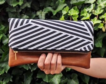 Black and White Asymmetrical Clutch: Fold Over Clutch, Vegan Leather Bag, Vegan Clutch, Bridesmaid Gift, Neutral Clutch