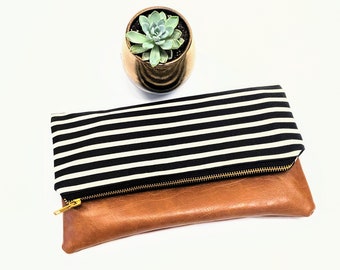 Black and White Stripe Clutch: Fold Over Clutch, Vegan Leather Bag, Vegan Clutch, Bridesmaid Gift, Neutral Clutch