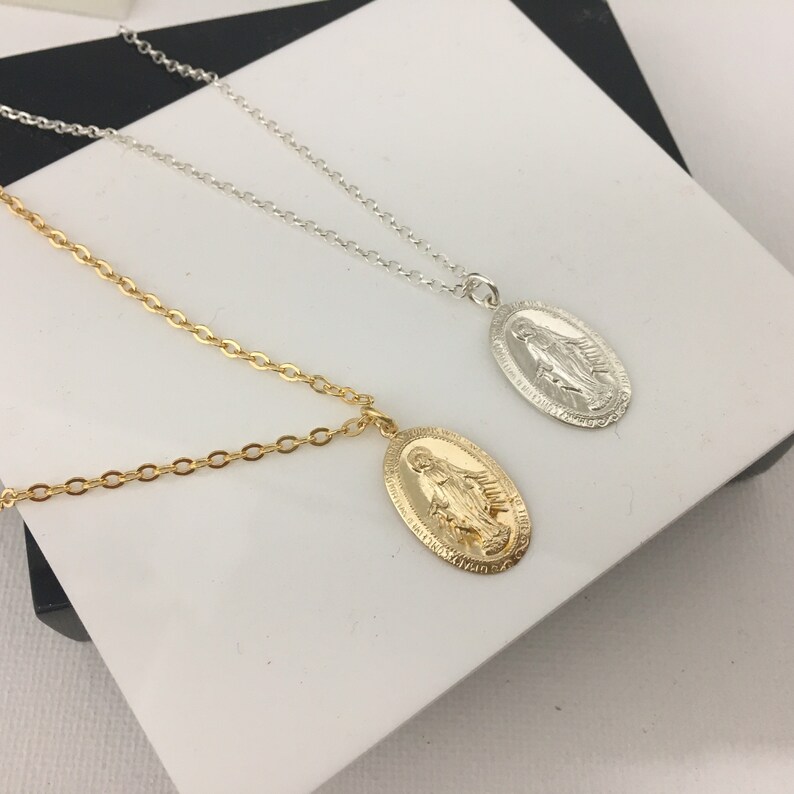 Sterling Silver Medallion Necklace Gold Mary Necklace Etsy Canada