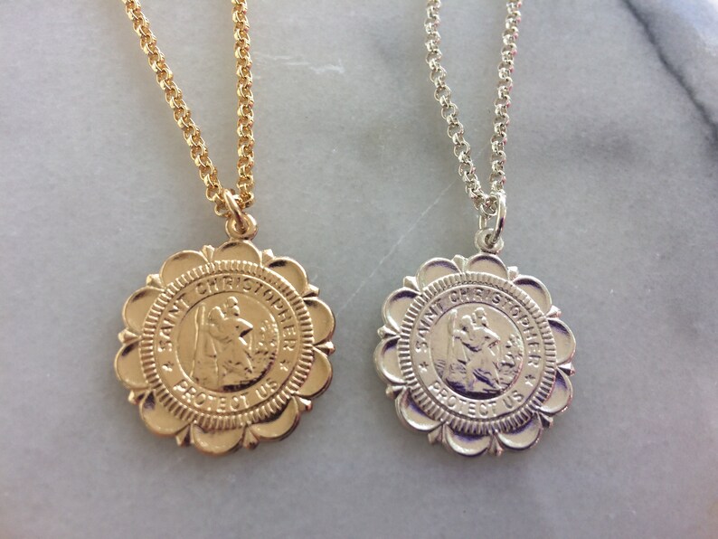 Gift for him Mens jewelry Mens Gold Filled St Christopher Necklace Sterling Coin necklace Travelers Necklace Gold Medallion Necklace