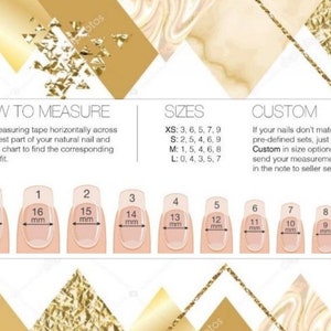 May include: A chart showing how to measure your natural nails for press-on nails. The chart shows different sizes of nails with measurements in millimeters. The chart also includes instructions on how to measure your nails and how to order custom sizes.
