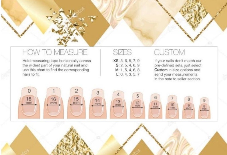 May include: A chart showing how to measure your natural nails for press-on nails. The chart shows different sizes of nails with measurements in millimeters. The chart also includes instructions on how to measure your nails and how to order custom sizes.