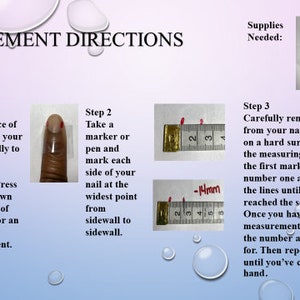 May include: A step-by-step guide on how to measure your nails using tape and a marker. The image shows a hand with a piece of tape across the nail, a marker marking the sides of the nail, and a measuring tape with a mark at 14mm.