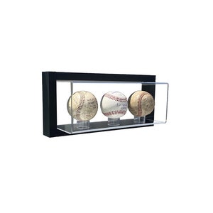 May include: Three baseballs are displayed in a black and clear acrylic display case. The baseballs are signed with names and dates.