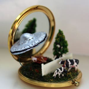 Made to Order- Miniature Diorama Fantasy World Compact Mirror Tiny UFO: Picnic for Three