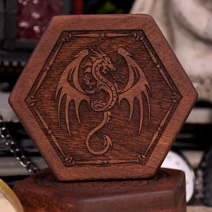 RPG D&D  Hex Chest Dice Box - Winged Dragon Art - Mahogany Wood - Elderwood Academy