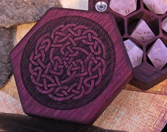 RPG D&D  Purpleheart Hex Chest Dice Box - Celtic Knot Art - Elderwood Academy