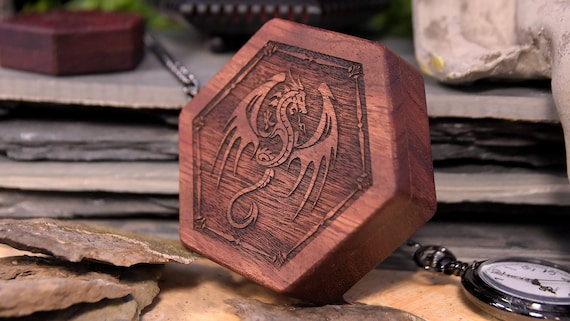 RPG D&D Hex Chest Dice Box Winged Dragon Art Bubinga Wood