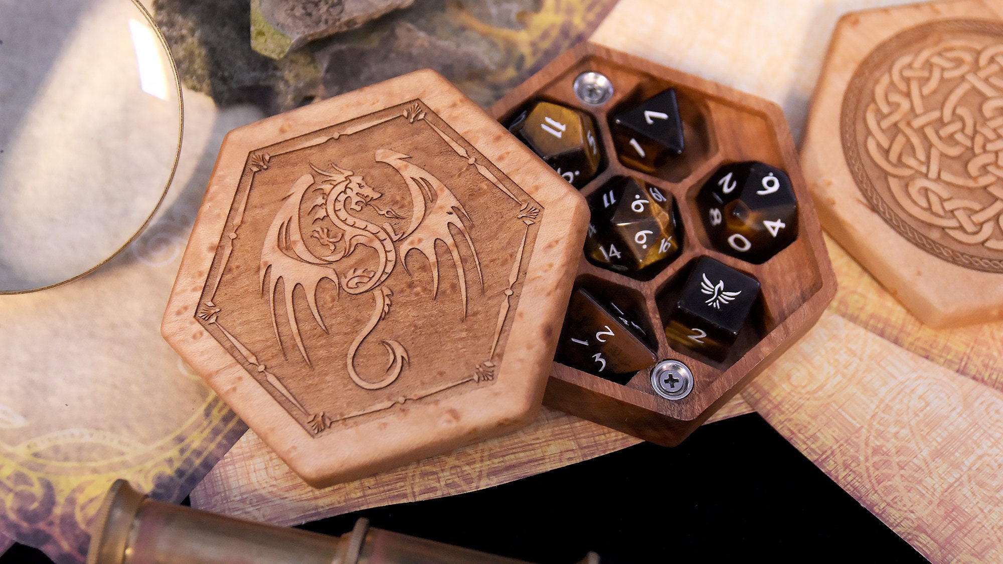 RPG D&D Hex Chest Dice Box Winged Dragon Art Birdseye Maple
