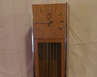 Vintage Mid Century Modern Oak Grandfather Clock: Chrome Accent